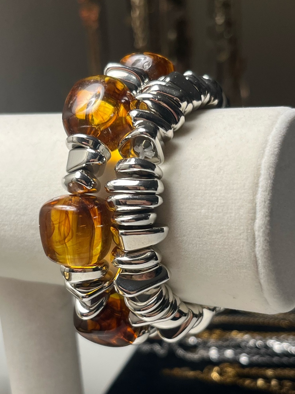 Chunky Silver-Tone & Amber Statement Bracelet Set